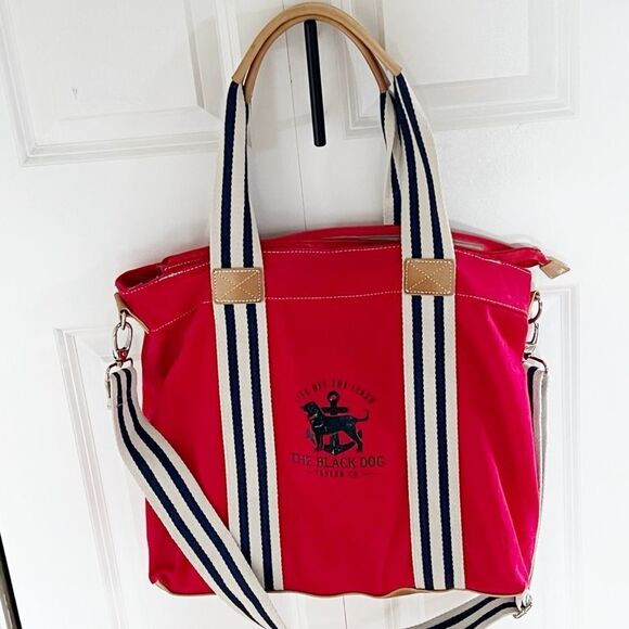 The Black Dog Large Red Tote Beach Canvas Bag with Striped Straps - Picture 1 of 6